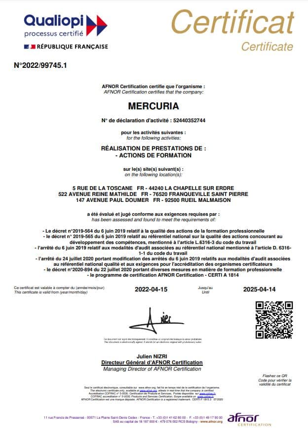 Mercuria certificat Qualiopi 2024