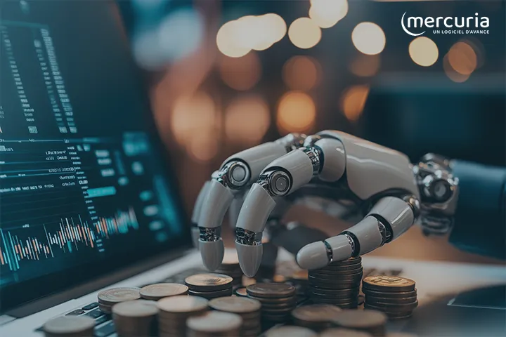 main bionique qui tape sur un ordinateur avec des pièces de monnaie sur le clavier, en référence à l'usage de l'IA en comptabilité